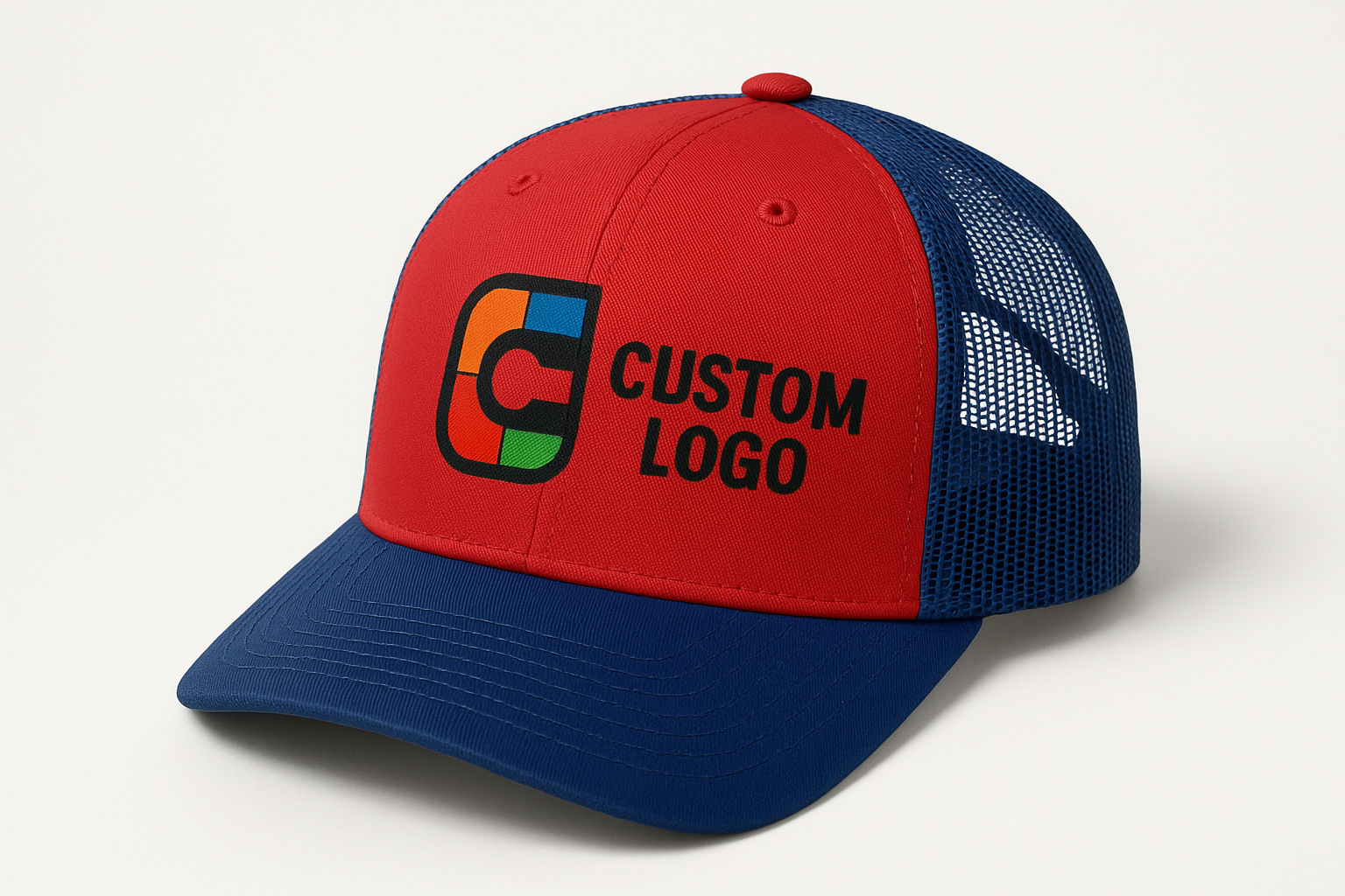 add your logo on a solid trucker hat pick your colors red blue orange green black white